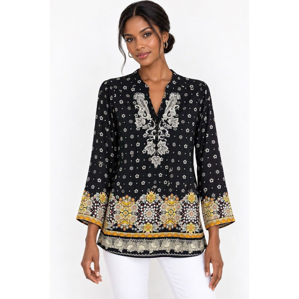 Robert Graham Womens Carlisle Cotton Tunic Top Black White Gold Paisley Size S